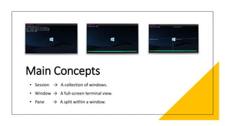 Main Concepts
• Session → A collection of windows.
• Window → A full-screen terminal view.
• Pane → A split within a window.
 
