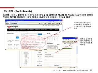 도서검색 (Book Search)
도서명 , 저자 , 출판사 등 어떤 임의의 개념을 을 검색어로 제시할 때 Topic Map 에 의해 관련된
도서의 정보를 제시하고 , 해당 항목의 상세정보로 이동하는 기능을 제공 .

                                                       지적재산을 키워드로 입
                                                       력하면 관련 도서명을 추
                                                       천키워드로 치환하여 제
                                                       시함




                                                                원하는 도서명을
                                                                선택하면 해당 도
                                                                서의 상세정보를
                                                                제시함




                                 © 이지메타   www.ezmeta.co.kr Tel.02-584-3489   20
 