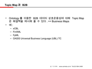 Topic Map 과 B2B




•   Ontology 를 이용한 B2B 데이터 상호운용성에 대해 Topic Map
    은 해결책을 제시해 줄 수 있다 . == Business Maps
•   예:
    –   xCBL
    –   FinXML
    –   FpML
    –   OASIS Universal Business Language (UBL) TC




                                        © 이지메타   www.ezmeta.co.kr Tel.02-584-3489
 