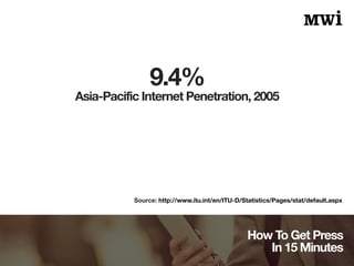 Asia-Pacific Internet Penetration, 2005 
How To Get Press 
In 15 Minutes 
9.4% 
Source: http://www.itu.int/en/ITU-D/Statis...