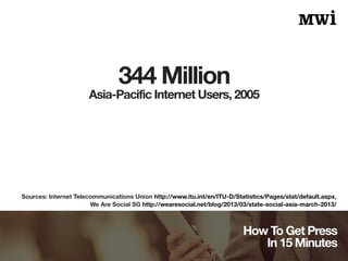 Asia-Pacific Internet Users, 2005 
How To Get Press 
In 15 Minutes 
344 Million 
Sources: Internet Telecommunications Unio...