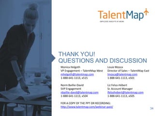 THANK YOU!
QUESTIONS AND DISCUSSION
34
Monica Helgoth
VP Engagement – TalentMap West
mhelgoth@talentmap.com
1-888-641-1113...