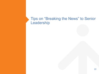 Tips on “Breaking the News” to Senior
Leadership
22
 