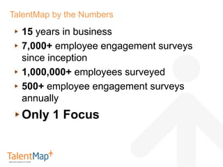 3
15 years in business
7,000+ employee engagement surveys
since inception
1,000,000+ employees surveyed
500+ employee enga...