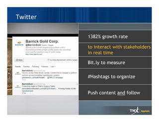 Twitter

          1382% growth rate

          to interact with stakeholders
          in real time

          Bit.ly to measure

          #Hashtags to organize


          Push content and follow
 