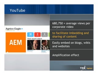 YouTube

          680,750 = average views per
          corporate video

          to facilitate imbedding and
          sharing of content

          Easily embed on blogs, wikis
          and websites


          Amplification effect
 