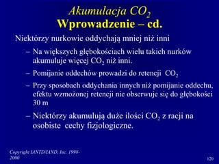 Copyright IANTD/IAND, Inc. 1998-
2000 120
Akumulacja CO2
Wprowadzenie – cd.
Niektórzy nurkowie oddychają mniej niż inni
– Na większych głębokościach wielu takich nurków
akumuluje więcej CO2 niż inni.
– Pomijanie oddechów prowadzi do retencji CO2
– Przy sposobach oddychania innych niż pomijanie oddechu,
efektu wzmożonej retencji nie obserwuje się do głębokości
30 m
– Niektórzy akumulują duże ilości CO2 z racji na
osobiste cechy fizjologiczne.
 