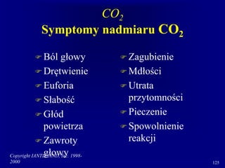 Copyright IANTD/IAND, Inc. 1998-
2000 125
CO2
Symptomy nadmiaru CO2
 Ból głowy
 Drętwienie
 Euforia
 Słabość
 Głód
powietrza
 Zawroty
głowy
 Zagubienie
 Mdłości
 Utrata
przytomności
 Pieczenie
 Spowolnienie
reakcji
 
