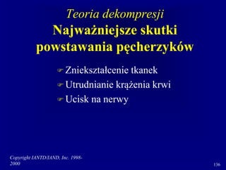 Copyright IANTD/IAND, Inc. 1998-
2000 136
Teoria dekompresji
Najważniejsze skutki
powstawania pęcherzyków
 Zniekształcenie tkanek
 Utrudnianie krążenia krwi
 Ucisk na nerwy
 