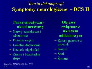 Copyright IANTD/IAND, Inc. 1998-
2000 142
Parasympatyczny
układ nerwowy
 Nerwy czaszkowe i
rdzeniowe
 Drżenie mięśni
 Lokalne drętwienie
 Uczucie ciężkości
 Zimne i bezwładne
stopy
Objawy
związane z
układem
oddechowym
 Zatory gazowe w
płucach
 Kaszel
 Szok
 Śmierć
Teoria dekompresji
Symptomy neurologiczne – DCS II
 