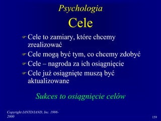 Copyright IANTD/IAND, Inc. 1998-
2000 159
Psychologia
Cele
 Cele to zamiary, które chcemy
zrealizować
 Cele mogą być tym, co chcemy zdobyć
 Cele – nagroda za ich osiągnięcie
 Cele już osiągnięte muszą być
aktualizowane
Sukces to osiągnięcie celów
 