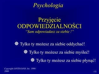 Copyright IANTD/IAND, Inc. 1998-
2000 172
Przyjęcie
ODPOWIEDZIALNOŚCI
“Sam odpowiadasz za siebie !”
 Tylko ty możesz za siebie oddychać!
 Tylko ty możesz za siebie myśleć!
 Tylko ty możesz za siebie płynąć!
Psychologia
 
