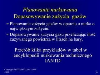 Copyright IANTD/IAND, Inc. 1998-
2000 39
Planowanie nurkowania
Dopasowywanie zużycia gazów
 Planowanie zużycia gazów w oparciu o nurka o
największym zużyciu.
 Dopasowywanie zużycia gazu przeliczając ilość
zużywanego powietrza w litrach na bary.
Przerób kilka przykładów w tabel w
encyklopedii nurkowania technicznego
IANTD
 
