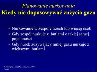 Copyright IANTD/IAND, Inc. 1998-
2000 41
Planowanie nurkowania
Kiedy nie dopasowywać zużycia gazu
 Nurkowanie w zespole trzech lub więcej osób
 Gdy zespół nurkuje z butlami o takiej samej
pojemności
 Gdy nurek zużywający mniej gazu nurkuje z
większymi butlami
 