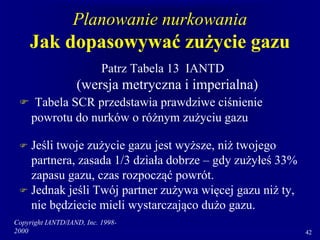 Copyright IANTD/IAND, Inc. 1998-
2000 42
Planowanie nurkowania
Jak dopasowywać zużycie gazu
Patrz Tabela 13 IANTD
(wersja metryczna i imperialna)
 Tabela SCR przedstawia prawdziwe ciśnienie
powrotu do nurków o różnym zużyciu gazu
 Jeśli twoje zużycie gazu jest wyższe, niż twojego
partnera, zasada 1/3 działa dobrze – gdy zużyłeś 33%
zapasu gazu, czas rozpocząć powrót.
 Jednak jeśli Twój partner zużywa więcej gazu niż ty,
nie będziecie mieli wystarczająco dużo gazu.
 