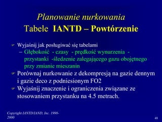 Copyright IANTD/IAND, Inc. 1998-
2000 48
Planowanie nurkowania
Tabele IANTD – Powtórzenie
 Wyjaśnij jak posługiwać się tabelami
– Głębokość - czasy - prędkość wynurzenia -
przystanki -śledzenie zalegającego gazu obojętnego
przy zmianie mieszanin
 Porównaj nurkowanie z dekompresją na gazie dennym
i gazie deco z podniesionym FO2
 Wyjaśnij znaczenie i ograniczenia związane ze
stosowaniem przystanku na 4.5 metrach.
 