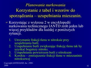 Copyright IANTD/IAND, Inc. 1998-
2000 52
Planowanie nurkowania
Korzystanie z tabel i wzorów do
sporządzania – uzupełniania mieszanin.
 Korzystając z wykresu 2 w encyklopedii
nurkowania technicznego IANTD zrób jeden lub
więcej przykładów dla każdej z poniższych
sytuacji.
1. Utrzymanie frakcji tlenu w nitroksie przy
uzupełnianiu butli.
2. Uzupełnianie butli zwiększając frakcję tlenu tak by
uzyskać bogatszy nitroks.
3. Uzupełnianie powietrzem butli z nitroksem
4. Korekta – zmniejszenie frakcji tlenu w mieszaninie
nitroksowej
 