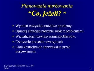 Copyright IANTD/IAND, Inc. 1998-
2000 53
Planowanie nurkowania
“Co, jeżeli? ”
 Wymień wszystkie możliwe problemy.
 Opracuj strategię radzenia sobie z problemami.
 Wizualizacja rozwiązywania problemów.
 Ćwiczenie procedur awaryjnych.
 Lista kontrolna do sprawdzania przed
nurkowaniem.
 