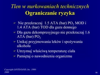 Copyright IANTD/IAND, Inc. 1998-
2000 90
Tlen w nurkowaniach technicznych
Ograniczanie ryzyka
 Nie przekraczaj 1.5 ATA (bar) PO2 MOD i
1.4 ATA (bar) TOD dla gazu dennego
 Dla gazu dekompresyjnego nie przekraczaj 1.6
ATA (bar) PO2
 Unikaj przyjmowania leków i spożywania
alkoholu
 Utrzymuj właściwą temperaturę ciała
 Pamiętaj o nawodnieniu organizmu
 