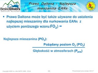Copyright IAND Inc. dba IANTD 1985 - 2016 Prezentacja kursu wersja: 16.5.7
 Prawo Daltona może być także używane do ustalenia
najlepszej mieszaniny dla nurkowania EANx z
użyciem poniższego wzoru:FO2) =
11
Najlepsza mieszanina (PO2):
Pożądany poziom O2 (PO2)
Głębokość w atmosferach (PATA)
 