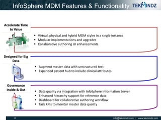 InfoSphere MDM Features & Functionality
Accelerate Time
to Value

 Virtual, physical and hybrid MDM styles in a single instance
 Modular implementations and upgrades
 Collaborative authoring UI enhancements

Designed for Big
Data

 Augment master data with unstructured text
 Expanded patient hub to include clinical attributes

Governance
Inside & Out

12






Data quality via integration with InfoSphere Information Server
Enhanced hierarchy support for reference data
Dashboard for collaborative authoring workflow
Task KPIs to monitor master data quality

 