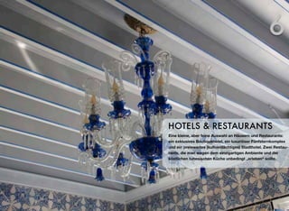 Eine kleine, aber feine Auswahl an Häusern und Restaurants:
ein exklusives Boutiquehotel, ein luxuriöser Fünfsternkomplex
und ein preiswertes (kultverdächtiges) Stadthotel. Zwei Restau-
rants, die man wegen dem einzigartigen Ambiente und der
köstlichen tunesischen Küche unbedingt „erleben“ sollte.
HOTELS & RESTAURANTS
6
 