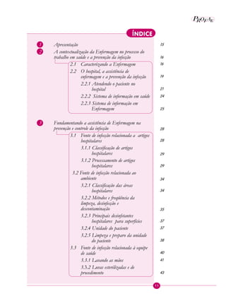 11
P EAROF
ÍNDICE
1 Apresentação
2 A contextualização da Enfermagem no processo do
trabalho em saúde e a prevenção da infecção
2.1 Caracterizando a Enfermagem
2.2 O hospital, a assistência de
enfermagem e a prevenção da infecção
2.2.1 Atendendo o paciente no
hospital
2.2.2 Sistema de informação em saúde
2.2.3 Sistema de informação em
Enfermagem
3 Fundamentando a assistência de Enfermagem na
prevenção e controle da infecção
3.1 Fonte de infecção relacionada a artigos
hospitalares
3.1.1 Classificação de artigos
hospitalares
3.1.2 Processamento de artigos
hospitalares
3.2 Fonte de infecção relacionada ao
ambiente
3.2.1 Classificação das áreas
hospitalares
3.2.2 Métodos e freqüência da
limpeza, desinfecção e
descontaminação
3.2.3 Principais desinfetantes
hospitalares para superfícies
3.2.4 Unidade do paciente
3.2.5 Limpeza e preparo da unidade
do paciente
3.3 Fonte de infecção relacionada à equipe
de saúde
3.3.1 Lavando as mãos
3.3.2 Luvas esterilizadas e de
procedimento
15
16
16
19
21
24
25
28
28
29
29
34
34
35
37
37
38
40
41
43
 