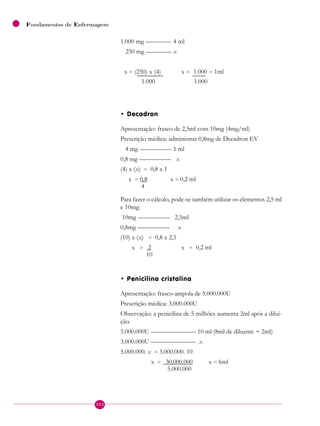 112
Fundamentos de Enfermagem
1.000 mg ———— 4 ml
250 mg ———— x
x = (250) x (4) x = 1.000 = 1ml________ ____
1.000 1.000
• Decadron
Apresentação: frasco de 2,5ml com 10mg (4mg/ml)
Prescrição médica: administrar 0,8mg de Decadron EV
4 mg ————— 1 ml
0,8 mg ————— x
(4) x (x) = 0,8 x 1
x = 0,8 x = 0,2 ml
4
Para fazer o cálculo, pode-se também utilizar os elementos 2,5 ml
e 10mg:
10mg ————— 2,5ml
0,8mg ————— x
(10) x (x) = 0,8 x 2,5
x = 2 x = 0,2 ml
10
• Penicilina cristalina
Apresentação: frasco-ampola de 5.000.000U
Prescrição médica: 3.000.000U
Observação: a penicilina de 5 milhões aumenta 2ml após a dilui-
ção.
5.000.000U ——————— 10 ml (8ml de diluente + 2ml)
3.000.000U ——————— x
5.000.000. x = 3.000.000. 10
x = 30.000.000 x = 6ml
5.000.000
 