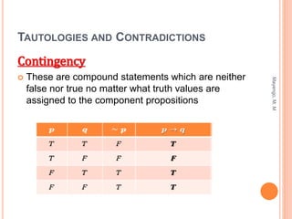 TAUTOLOGIES AND CONTRADICTIONS
Contingency
 These are compound statements which are neither
false nor true no matter what truth values are
assigned to the component propositions
Mayengo,
M.
M
 