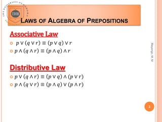 LAWS OF ALGEBRA OF PREPOSITIONS
Mayengo,
M.
M
3
Associative Law
 𝑝 ∨ 𝑞 ∨ 𝑟 ≡ 𝑝 ∨ 𝑞 ∨ 𝑟
 𝑝 ∧ 𝑞 ∧ 𝑟 ≡ 𝑝 ∧ 𝑞 ∧ 𝑟
Distributive Law
 𝑝 ∨ 𝑞 ∧ 𝑟 ≡ 𝑝 ∨ 𝑞 ∧ (𝑝 ∨ 𝑟)
 𝑝 ∧ 𝑞 ∨ 𝑟 ≡ 𝑝 ∧ 𝑞 ∨ (𝑝 ∧ 𝑟)
 