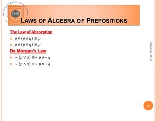 LAWS OF ALGEBRA OF PREPOSITIONS
Mayengo,
M.
M
4
The Law of Absorption
 𝑝 ∨ 𝑝 ∧ 𝑞 ≡ 𝑝
 𝑝 ∧ 𝑝 ∨ 𝑞 ≡ 𝑝
De Morgan’s Law
 ∼ 𝑝 ∨ 𝑞 ≡∼ 𝑝 ∧∼ 𝑞
 ∼ 𝑝 ∧ 𝑞 ≡∼ 𝑝 ∨∼ 𝑞
 