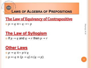 LAWS OF ALGEBRA OF PREPOSITIONS
Mayengo,
M.
M
5
The Law of Equivancy of Contrapositive
 𝑝 → 𝑞 ≡∼ 𝑞 →∼ 𝑝
The Law of Syllogism
 If 𝑝 → 𝑞 and 𝑞 → 𝑟 then 𝑝 → 𝑟
Other Laws
 𝑝 → 𝑞 ≡∼ 𝑝 ∨ 𝑞
 𝑝 ↔ 𝑞 ≡ 𝑝 → 𝑞 ∧ (𝑞 → 𝑝)
 