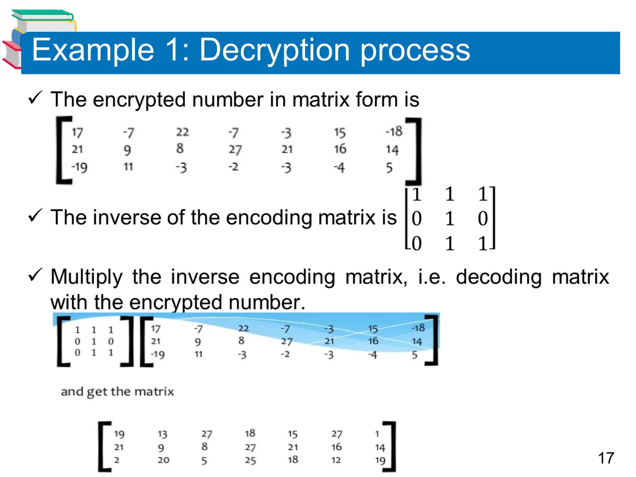 17
Example 1: Decryption process
 