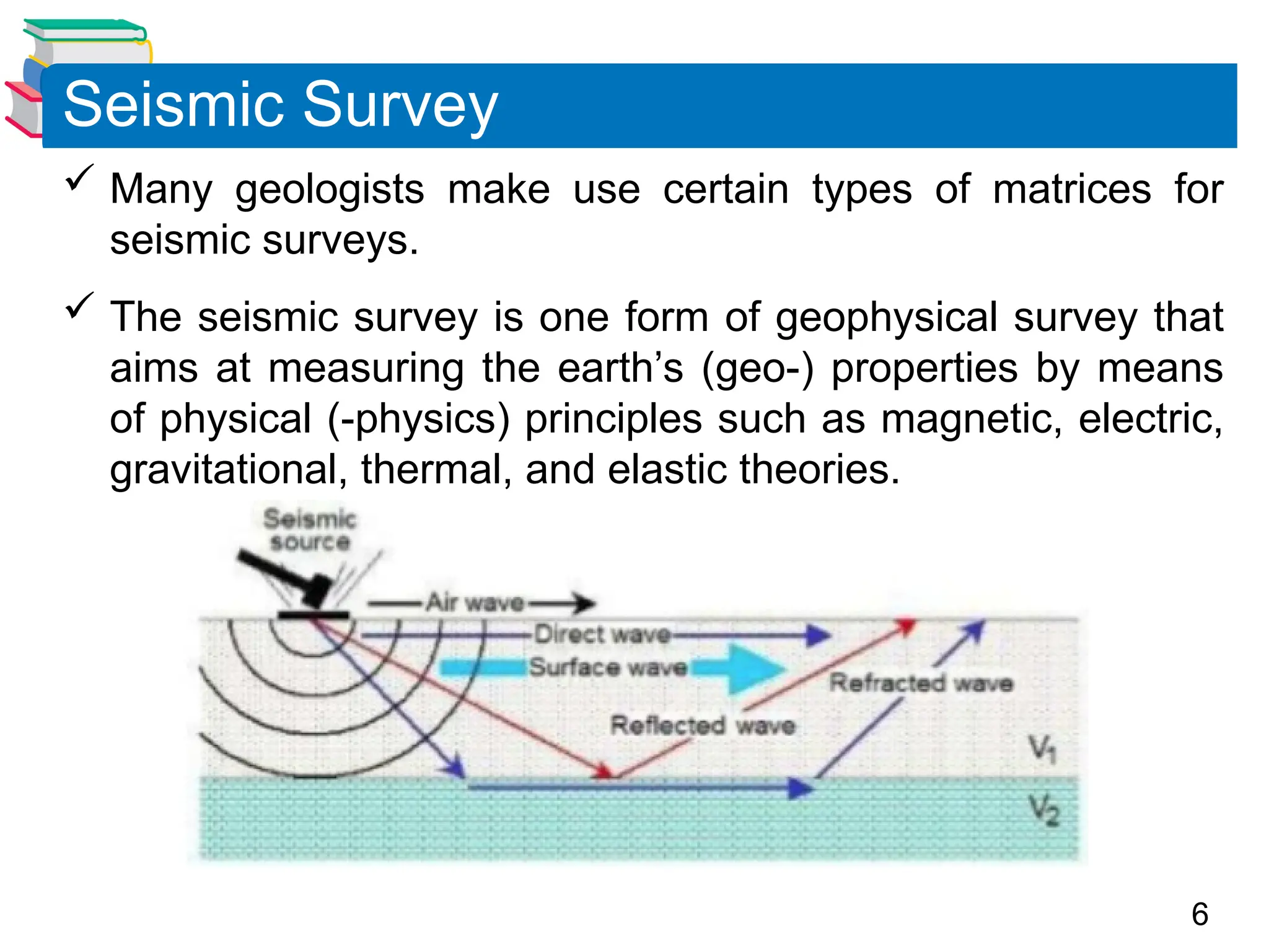 6
 Many geologists make use certain types of matrices for
seismic surveys.
 The seismic survey is one form of geophysical survey that
aims at measuring the earth’s (geo-) properties by means
of physical (-physics) principles such as magnetic, electric,
gravitational, thermal, and elastic theories.
Seismic Survey
 