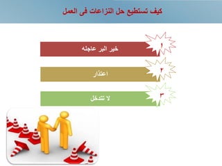 ‫العمل‬ ‫فى‬ ‫النزاعات‬ ‫حل‬ ‫تستطيع‬ ‫كيف‬
‫تتدخل‬ ‫ال‬
‫اعتذار‬
‫عاجله‬ ‫البر‬ ‫خير‬ 1
2
3
 