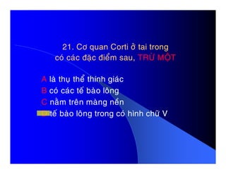 21. Cô quan Corti ôû tai trong21. Cô quan Corti ôû tai trong
coù caùc ñaëc ñieåm sau,coù caùc ñaëc ñieåm sau, TRÖØ MOÄTTRÖØ MOÄT
A laø thuï theå thính giaùc
B coù caùc teá baøo loângB coù caùc teá baøo loâng
C naèm treân maøng neàn
D teá baøo loâng trong coù hình chöõ V
 
