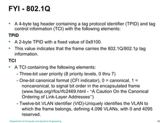 Department of Computer and Systems Engineering 18
FYI - 802.1Q
• A 4-byte tag header containing a tag protocol identifier (TPID) and tag
control information (TCI) with the following elements:
TPID
• A 2-byte TPID with a fixed value of 0x8100.
• This value indicates that the frame carries the 802.1Q/802.1p tag
information.
TCI
• A TCI containing the following elements:
- Three-bit user priority (8 priority levels, 0 thru 7)
- One-bit canonical format (CFI indicator), 0 = canonical, 1 =
noncanonical, to signal bit order in the encapsulated frame
(www.faqs.org/rfcs/rfc2469.html - “A Caution On the Canonical
Ordering of Link-Layer Addresses”)
- Twelve-bit VLAN identifier (VID)-Uniquely identifies the VLAN to
which the frame belongs, defining 4,096 VLANs, with 0 and 4095
reserved.
 