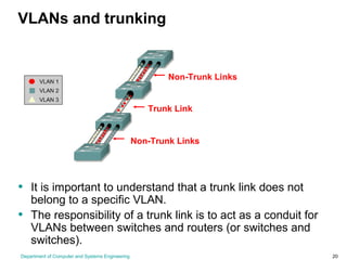 Department of Computer and Systems Engineering 20
VLANs and trunking
• It is important to understand that a trunk link does not
belong to a specific VLAN.
• The responsibility of a trunk link is to act as a conduit for
VLANs between switches and routers (or switches and
switches).
Trunk Link
Non-Trunk Links
Non-Trunk Links
 