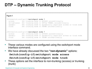 Department of Computer and Systems Engineering 30
DTP – Dynamic Trunking Protocol
• These various modes are configured using the switchport mode
interface command.
• We have already discussed the two “non-dynamic” options:
Switch(config-if)switchport mode access
Switch(config-if)switchport mode trunk
• These options set the interface to non-trunking (access) or trunking
(trunk)
 