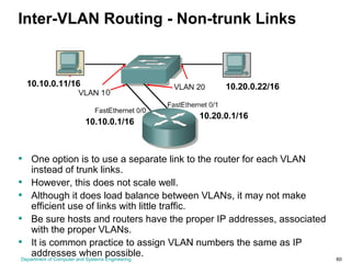 Department of Computer and Systems Engineering 60
Inter-VLAN Routing - Non-trunk Links
• One option is to use a separate link to the router for each VLAN
instead of trunk links.
• However, this does not scale well.
• Although it does load balance between VLANs, it may not make
efficient use of links with little traffic.
• Be sure hosts and routers have the proper IP addresses, associated
with the proper VLANs.
• It is common practice to assign VLAN numbers the same as IP
addresses when possible.
10.10.0.1/16
10.20.0.1/16
10.10.0.11/16 10.20.0.22/16
 