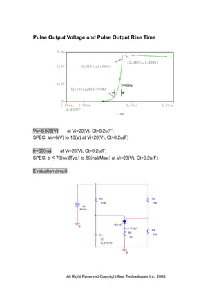Pulse Output Voltage and Pulse Output Rise Time

            7.0V


                                                           (2.3405u,6.6082)
            5.0V           (2.3189u,6.0000)




            2.5V
                                                       Tr=69ns
                      (2.2503u,600.000m)


              0V
              1.85us   2.00us                              2.40us               2.75us
                   V(OUT)
                                                    Time




Vo=6.608(V)          at Vi=20(V), Ct=0.2u(F)
SPEC: Vo=6(V) to 10(V) at Vi=20(V), Ct=0.2u(F)


tr=69(ns)     at Vi=20(V), Ct=0.2u(F)
SPEC: tr < 70(ns)[Typ.] to 80(ns)[Max.] at Vi=20(V), Ct=0.2u(F)

Evaluation circuit




                                     R5                                   R3
                                      510k                                16k
                             V1
                           20Vdc




                                                   TN41B
                          0
                                                                    OUT
                                                                          R4
                                                               R6
                                     C1                                   27k
                                                               20
                                      {C}
                                      IC = 12.91



                                                           0




                   All Right Reserved Copyright Bee Technologies Inc. 2005
 