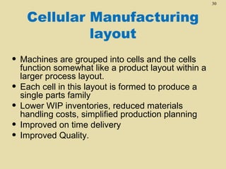 30

Cellular Manufacturing
layout
• Machines are grouped into cells and the cells
•
•
•
•

function somewhat like a product layout within a
larger process layout.
Each cell in this layout is formed to produce a
single parts family
Lower WIP inventories, reduced materials
handling costs, simplified production planning
Improved on time delivery
Improved Quality.

 