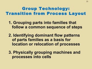 33

Group Technology:
Transition from Process Layout
1. Grouping parts into families that
follow a common sequence of steps
2. Identifying dominant flow patterns
of parts families as a basis for
location or relocation of processes
3. Physically grouping machines and
processes into cells

 