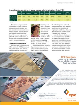 esperanças movidas a petróleo




Investimentos em infraestrutura: países selecionados (em % do PIB)
                                                                                                           Total
               Brasil   Chile   Colômbia       Índia      China     Vietnã      Tailândia   Filipinas    2008-2010

 Ano/período   2007     2001     2001      2006-2007       2003     2003         2003        2003           71,91

 % do PIB      2,03     6,2       5,8          5,63         7,3      9,9          15,4        3,6          46,34
Fonte: Ipea


    no discurso de posse, Arbix                            bientais para o         do pré-sal e para os leilões do
afirmou que a Finep já precisa                             setor. “Isso é re-      governo previstos para este ano,
de mais recursos este ano para                             sultado de cinco        sendo um com áreas fora da
dar conta do aumento da deman-                             anos de discus-         região pré-sal (Décima Primeira
da por projetos. Depois, explicou                          são e estudos           rodada) e outro com blocos na
que, mesmo que a contenção                                 com base na             cobiçada nova fronteira.
fiscal do governo impeça o ob-                             consulta a órgão           Izabella teixeira classificou
jetivo de dobrar as liberações de                          estaduais, técni-       as novas regras como “medidas
crédito este ano, espera compen-        cos e do Ibama”, disse a ministra          de modernização das licenças”
sações nos anos seguintes.              de meio Ambiente, Izabella                 ambientais concedidas no brasil.
                                        Teixeira a jornalistas na sede do          “É mais rigoroso, mais minucioso,
Sustentabilidade ambiental              bnDes, no rio de Janeiro.                  com custos reais mais efetivos e
   Por outro lado, o ministério do          segundo a ministra, as regras          práticas ambientais mais susten-
meio Ambiente (mmA) anunciou            já passariam a valer para as               táveis, sem trabalhar com o lixo
em janeiro regras mais rígidas          novas rodadas de licitação de              da burocracia existente na área
para liberação de licenças am-          blocos dentro e fora da região             ambiental desse país”, avaliou.
 