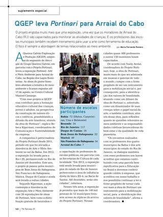 suplemento especial

QGEP leva Portinari para Arraial do Cabo
O projeto engloba muito mais que uma exposição, uma vez que os moradores de Arraial do
Cabo (RJ) são capacitados para monitorar as atividades de crianças. E os professores das escolas municipais também recebem treinamento para usar a arte como ferramenta de educação.
O foco é sempre a abordagem de temas relacionados ao meio ambiente.
por Maria Fernanda Romero

140

TN Petróleo 91

Fotos: Divulgação

A

Queiroz Galvão Exploração
e Produção (QGEP), empresa do segmento de óleo e
gás do Grupo Queiroz Galvão, em
parceria com o Projeto Portinari,
levou a exposição Portinari: Arte
e Meio Ambiente para Arraial do
Cabo, na Região dos Lagos fluminense. As obras do pintor brasileiro abordam a temática do meio
ambiente e ficaram expostas até
17 de agosto, no Centro Cultural
Manoel Camargo.
“Com esse projeto a QGEP
visa contribuir para a formação
educativo-cultural das crianças,
jovens e adultos, na perspectiva
da construção de valores éticos e estéticos, possibilitando a
difusão da arte brasileira, através
da obra de Portinari”, explica Rebeca Kiperman, coordenadora de
Comunicação e Sustentabilidade
da empresa.
A companhia é patrocinadora
do Projeto Portinari desde 2011,
período em que foi iniciada a
itinerância de Arte e Meio Ambiente no sul da Bahia. Em 2012,
a exposição foi levada para a
Rio+20, permanecendo no Rio de
Janeiro até dezembro. Este ano,
o projeto já passou pelos municípios de Bom Jesus do Itabapoana,
São Francisco de Itabapoana,
Maricá, Duque de Caxias e ainda
será levado a outras cidades.
Segundo Kiperman, a ação
contempla a itinerância da
exposição Arte e Meio Ambiente
com 28 reproduções de obras
de Portinari, bem como a distribuição gratuita de bauzinhos e

Número de escolas
participantes
Bahia: 72 (Ilhéus, Canavieiras, Una e Belmonte)
Resende: 34
Rio de Janeiro: 117
Duque de Caxias: 16
Bom Jesus do Itabapoana: 22
Maricá: 40
São Francisco do Itabapoana: 54
Arraial do Cabo: 7
a capacitação de professores de
escolas públicas, em parceria com
as Secretarias de Cultura de cada
localidade.“Em 2013, a exposição
está sendo levada para municípios do estado do Rio de Janeiro
pertencentes à área de influência
direta do bloco BS-4, na Bacia de
Santos. Até dezembro, serão oito
cidades”, informou.
Nesses três anos, a exposição
já permitiu que mais de 140 mil
pessoas de 12 municípios tivessem acesso às réplicas do acervo
do Projeto Portinari. Nessas

cidades quase 400 professores
e outros 150 monitores foram
capacitados.
De acordo com Suely Avelar,
coordenadora do Projeto Portinari, hoje, a obra de Portinari,
muito mais do que ser admirada
em museus e galerias de todo
o mundo, cumpre com o firme
propósito de ser um instrumento
para a mobilização social e, por
conseguinte, para a identificação dos valores de brasilidade,
atuando como um difusor da
obra de Portinari e, sobretudo,
como um dinamizador de suas
crenças sobre o papel social da
arte, e também contribuir, através dessa obra, para reflexões
quanto às questões referentes ao
meio ambiente e as responsabilidades coletivas favorecedoras do
bem-estar e da qualidade de vida
planetária.
“Os encontros realizados
com os professores dos quatro
municípios da Bahia e dos sete
municípios do estado do Rio de
Janeiro, os diálogos mantidos
com esses professores nos fazem
acreditar que estamos contribuindo com uma parcela bem
significativa para a Educação
no Brasil e devemos conferir
grande crédito à empresa, que
acreditou em nosso trabalho e
nos possibilita continuar a ter o
firme propósito de tornar cada
vez mais a obra de Portinari um
instrumento para a mobilização
social, para a identificação dos
valores de brasilidade”, afirma a
coordenadora.

 