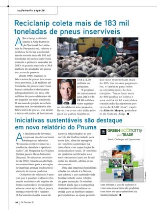 suplemento especial

A

Reciclanip, entidade
ligada à Anip (Associação Nacional da Indústria de Pneumáticos), coletou e
destinou de forma ambientalmente correta mais de 183 mil
toneladas de pneus inservíveis
durante o primeiro semestre de
2013. A quantia equivale a 36,6
milhões de unidades de pneus
de carros de passeio. 
Desde 1999, quando os
fabricantes de pneus iniciaram
esse processo, 2,46 milhões de
toneladas de pneus inservíveis
foram coletados e destinados
adequadamente, ou seja, 492
milhões de pneus deixaram de
ser jogados no meio ambiente.
O sucesso do projeto se reflete
também nos investimentos das
fabricantes de pneus, que desde
o início até junho, já destinaram

Foto: Divulgação

Reciclanip coleta mais de 183 mil
toneladas de pneus inservíveis

US$ 212,30
milhões no
programa.
“A previsão
de investimento
para 2013 é de
R$ 80 milhões,
valor superior
ao investido no ano passado.
Esses recursos são utilizados
para os gastos logísticos,

que hoje representam mais
de 60% dos nossos pagamentos, e também para todos
os investimentos de destinações. Temos hoje mais
de 800 pontos de coleta e
uma média de 60 caminhões
transitando diariamente por
cerca de 3.500 rotas”, explica Alberto Mayer, presidente do Sistema Anip.

A

s iniciativas de diversas
empresas brasileiras foram
destaque no relatório
“Economia verde e comércio –
tendência, desafios e oportunidades”, do Programa das Nações
Unidas para o Meio Ambiente
(Pnuma). No relatório, a entidade da ONU ressalta as alternativas sustentáveis para a extração
de matérias-primas no desenvolvimento de novos produtos.
O objetivo do relatório é mostrar que é possível o desenvolvimento econômico de regiões de
forma sustentável, estimulando
setores como agricultura, pesca,
energia renovável e turismo.
O documento mostra casos de

144

TN Petróleo 91

sucesso relacionados ao uso
correto da biodiversidade para
esses fins, além de exemplos
de comércio sustentável na
Amazônia, com capacitação de
comunidades rurais. O comércio
de produtos certificados está
em crescimento tanto no Brasil
como no mundo, afirma-se no
documento.
Uma das empresas brasileiras
citadas no estudo é a Natura,
que adotou o uso sustentável da
biodiversidade como referência para inovação. O relatório
lembra ainda que a companhia
desenvolveu alternativas vegetais para as matérias-primas
petroquímicas, as quais permiti-

Foto: Divulgação

Iniciativas sustentáveis são destaque
em novo relatório do Pnuma

ram reduzir o uso de carbono e
criar uma nova linha de produtos
com base no uso sustentável da
biodiversidade.

 