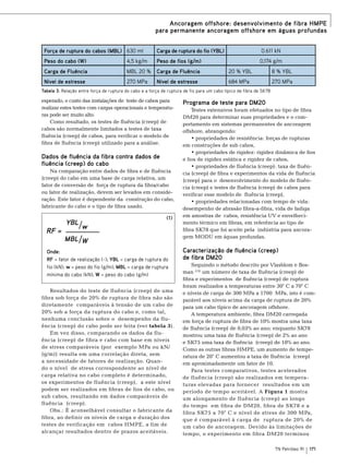 Ancoragem offshore: desenvolvimento de fibra HMPE
para permanente ancoragem offshore em águas profundas
Força de ruptura do cabos (MBL) 630 mt

Carga de ruptura do fio (YBL)

0.611 kN
0,174 g/m

Peso do cabo (W)

4,5 kg/m

Peso de fios (g/m)

Carga de Fluência

MBL 20 %

Carga de Fluência

20 % YBL

8 % YBL

Nível de estresse

270 MPa

Nível de estresse

684 MPa

270 MPa

Tabela 3: Relação entre força de ruptura do cabo e a força de ruptura de fio para um cabo típico de fibra de SK78

esperado, o custo das instalações de teste de cabos para
realizar estes testes com cargas operacionais e temperaturas pode ser muito alto.
Como resultado, os testes de fluência (creep) de
cabos são normalmente limitados a testes de taxa
fluência (creep) de cabos, para verificar o modelo de
fibra de fluência (creep) utilizado para a análise.

Dados de fluência da fibra contra dados de
fluência (creep) do cabo
Na comparação entre dados de fibra e de fluência
(creep) do cabo em uma base de carga relativa, um
fator de conversão de força de ruptura da fibra/cabo
ou fator de realização, devem ser levados em consideração. Este fator é dependente da construção do cabo,
fabricante do cabo e o tipo de fibra usado.

RF =

YBL /
w

(1)

MBl /w

Onde:
RF = fator de realização (-); YBL = carga de ruptura do
fio (kN); w = peso do fio (g/m); MBL = carga de ruptura
mínima do cabo (kN); W = peso do cabo (g/m)
Resultados do teste de fluência (creep) de uma
fibra sob força de 20% de ruptura de fibra não são
diretamente comparáveis ​​ tensão de um cabo de
à
20% sob a força da ruptura do cabo e, como tal,
nenhuma conclusão sobre o desempenho da fluência (creep) do cabo pode ser feita (ver tabela 3).
Em vez disso, comparando os dados da fluência (creep) de fibra e cabo com base em níveis
de stress comparáveis (por exemplo ​​MPa ou kN/
(g/m)) resulta em uma correlação direta, sem
a necessidade de fatores de realização. Quando o nível de stress correspondente ao nível de
carga relativa no cabo completo é determinado,
os experimentos de fluência (creep), a este nível
podem ser realizados em fibras de fios de cabo, ou
sub cabos, resultando em dados comparáveis ​​
de
fluência (creep).
Obs.: É aconselhável consultar o fabricante da
fibra, ao definir os níveis de carga e duração dos
testes de verificação em cabos HMPE, a fim de
alcançar resultados dentro de prazos aceitáveis.

Programa de teste para DM20
Testes extensivos foram efetuados no tipo de fibra
DM20 para determinar suas propriedades e o comportamento em sistemas permanentes de ancoragem
offshore, abrangendo:
• propriedades de resistência: forças de rupturas
em construções de sub cabos,
• propriedades de rigidez: rigidez dinâmica de fios
e fios de rigidez estática e rigidez de cabos,
• propriedades de fluência (creep): taxa de fluência (creep) de fibra e experimentos da vida de fluência
(creep) para o desenvolvimento do modelo de fluência (creep) e testes de fluência (creep) de cabos para
verificar esse modelo de fluência (creep),
• propriedades relacionadas com tempo de vida:
desempenho de abrasão fibra-a-fibra, vida de fadiga
em amostras de cabos, resistência UV e envelhecimento térmico em fibras, em referência ao tipo de
fibra SK78 que foi aceite pela indústria para ancoragem MODU em águas profundas.

Caracterização de fluência (creep)
de fibra DM20
Seguindo o método descrito por Vlasblom e Bosman (13) um número de taxa de fluência (creep) de
fibra e experimentos de fluência (creep) de ruptura
foram realizados a temperaturas entre 30° C a 70° C
e níveis de carga de 300 MPa a 1700 MPa, isto é comparável aos níveis acima da carga de ruptura de 20%
para um cabo típico de ancoragem offshore.
A temperatura ambiente, fibra DM20 carregada
em força de ruptura de fibra de 10% mostra uma taxa
de fluência (creep) de 0,03% ao ano; enquanto SK78
mostrou uma taxa de fluência (creep) de 2% ao ano
e SK75 uma taxa de fluência (creep) de 10% ao ano.
Como as outras fibras HMPE, um aumento de temperatura de 20° C aumentou a taxa de fluência (creep)
em aproximadamente um fator de 10.
Para testes comparativos, testes acelerados
de fluência (creep) são realizados em temperaturas elevadas para fornecer resultados em um
período de tempo aceitável. A Figura 1 mostra
um alongamento de fluência (creep) ao longo
do tempo em fibra de DM20, fibra de SK78 e a
fibra SK75 a 70° C e nível de stress de 300 MPa,
que é comparável à carga de ruptura de 20% de
um cabo de ancoragem. Devido às limitações de
tempo, o experimento em fibra DM20 terminou
TN Petróleo 91

171

 