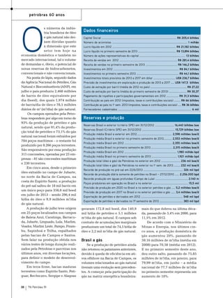 petrobras 60 anos

O

s números da indústria brasileira de óleo
e gás natural não deixam dúvidas quanto
à dimensão que este
setor tem hoje na
economia doméstica e também no
mercado internacional, tal o volume
de demandas e, óbvio, o potencial de
novas reservas de hidrocarbonetos,
convencionais e não convencionais.
Na ponta do lápis, segundo dados
da Agência Nacional do Petróleo, Gás
Natural e Biocombustíveis (ANP), em
julho o país produziu 2,468 milhões
de barris de óleo equivalente por
dia (boed), dos quais 1,974 milhão
de barris/dia de óleo e 78,5 milhões
diários de m3 (m3/dia) de gás natural.
Os campos operados pela Petrobras respondem por algo em torno de
93% da produção de petróleo e gás
natural, sendo que 91,4% da produção total de petróleo e 73,1% do gás
natural nacional foram extraídos por
784 poços marítimos – o restante foi
produzido por 8.266 poços terrestres.
São responsáveis por essa produção
311 concessões, operadas por 25 empresas – 81 são concessões marítimas
e 230 terrestres.
Em cinco anos, desde o primeiro
óleo extraído no campo de Jubarte,
no norte da Bacia de Campos, na
costa do Espírito Santo, a produção
do pré-sal saltou de 18 mil barris em
um único poço para 358,8 mil boed
em julho de 2013 – sendo 296,4 mil
b/dia de óleo e 9,9 milhões m3/dia
de gás natural.
A produção de julho teve origem
em 25 poços localizados nos campos
de Baleia Azul, Caratinga, Barracuda, Jubarte, Linguado, Lula, Marlim,
Voador, Marlim Leste, Pampo, Pirambu, Sapinhoá e Trilha, espalhados
pelas bacias de Campos e Santos.
Sem falar na produção obtida nos
vários testes de longa duração realizados pela Petrobras e parceiras nos
últimos anos, em diversas locações,
para definir o modelo de desenvolvimento do campo.
Em terra firme, bacias maduras
terrestres como Espírito Santo, Potiguar, Recôncavo, Sergipe e Alagoas

38

TN Petróleo 91

Dados financeiros
Capital Social .......................................................................................................... R$ 205,4 bilhões
Número de acionistas ........................................................................................................... 1 milhão
Lucro líquido em 2012 .......................................................................................... R$ 21,182 bilhões
Lucro líquido no primeiro semestre de 2013 ........................................................ R$ 13,894 bilhões
Número de ações representativas do capital ................................................................. 13 bilhões
Receita de vendas em 2012 .................................................................................. R$ 281,4 bilhões
Receita de vendas no primeiro semestre de 2013 ............................................. R$ 146,2 bilhões
Investimentos em 2012 ............................................................................................. R$ 84,1 bilhões
Investimentos no primeiro semestre 2013 ............................................................ R$ 44,1 bilhões
Investimentos totais previstos de 2013 a 2017 em dólar ............................... US$ 236,7 bilhões
Previsão de investimentos em exploração e produção de 2013 a 2017 ..... US$ 147,5 bilhões
Custo de extração por barril (média de 2012 no país) ................................................... R$ 27,22
Custo de extração por barris (média do primeiro semestre de 2013) ......................... R$ 30,37
Pagamento de royalties e participações governamentais em 2012 ................. R$ 31,3 bilhões
Contribuição ao país em 2012 (impostos, taxas e contribuições sociais) ......... R$ 66 bilhões
Contribuição ao país no 1o sem. 2013 (impostos, taxas e contribuições sociais) ..... R$ 36 bilhões
Fornecedores cadastrados ........................................................................................................ 6 mil

Reservas e produção
Reservas Brasil e exterior (critério SPE) em 31/12/2012 ........................... 16,440 bilhões boe
Reservas Brasil (Critério SPE) em 31/12/2012 .............................................. 15,729 bilhões boe
Produção média Brasil e exterior em 2012.................................................. 2,598 milhões boe/d
Produção média Brasil e exterior no primeiro semestre de 2013............ 2,553 milhões boe/d
Produção média Brasil em 2012 ................................................................... 2,355 milhões boe/d
Produção média Brasil no primeiro semestre de 2013 .............................. 2,315 milhões boe/d
Produção média Brasil em 2012 .......................................................................... 1,980 milhão bpd
Produção média Brasil no primeiro semestre de 2013 .................................... 1,921 milhão bpd
Produção total (óleo e gás) da Petrobras no exterior em 2012 ........................... 236 mil boe/d
Produção total (óleo e gás) da Petrobras no exterior no 1o sem. de 2013 ......... 232 mil boe/d
Recorde de produção no pré-sal em 22/6/2013 ........................................................ 326 mil bpd
Recorde de produção diária somente de petróleo no Brasil – 27/12/2010 ...... 2.256.000 bpd
Recorde produção em águas profundas (Campo de Lula) .............................................. 2.140 m
Poços produtores em operação no Brasil e no exterior .................................................. 15,5 mil
Previsão de produção em 2020 no Brasil e no exterior petróleo e gás ..... 5,2 milhões boe/d
Previsão de produção em 2017 no Brasil e no exterior petróleo e gás ...... 3,4 milhões boe/d
Exportação de petróleo e derivados em 2012 ........................................................... 548 mil bpd
Exportação de petróleo e derivados no 1º semestre de 2013 ................................. 383 mil bpd

geraram 172,8 mil boed, dos 140,9
mil b/dia de petróleo e 5,1 milhões
m3/dia de gás natural. E campos sob
contrato de acumulações marginais
produziram um total de 74,5 b/dia de
óleo e 2,2 mil m3/dia de gás natural.

Brasil a gás
Se a produção de petróleo ainda
não retomou os patamares anteriores,
devido à queda de eficiência em ativos offshore na Bacia de Campos, os
volumes relacionados ao gás natural
tiveram uma evolução sem precedentes. A começar pela participação do
gás na matriz energética brasileira:

mais do que dobrou na última década, passando de 5,4% em 2000, para
11,5% em 2012.
De acordo com o Ministério de
Minas e Energia, nos últimos cinco anos, a produção doméstica de
gás aumentou 20%, passando de
59,16 milhões de m3/dia (média em
2008) para 70,58 (média em 2012).
E no primeiro semestre deste ano,
deu outro salto, passando de 75,85
milhões de m3/dia, em janeiro, para
79,99 m3/dia, em junho – a média
nacional de 77,7 milhões de m3/dia
no primeiro semestre representa um
aumento de 10%.

 