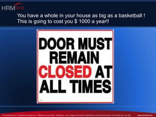 This presentation is intellectual property of “HRMnext Consulting”, Philippines. Any changes and further distribution only with permission of the GM John van Dijk www.hrmnext.net
30
You have a whole in your house as big as a basketball !
This is going to cost you $ 1000 a year!!
 
