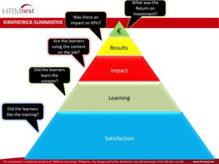 This presentation is intellectual property of “HRMnext Consulting”, Philippines. Any changes and further distribution only with permission of the GM John van Dijk www.hrmnext.net
52
KIRKPATRICK-SUMMATIVE
 